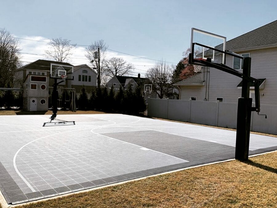 Blue and gold court with fence